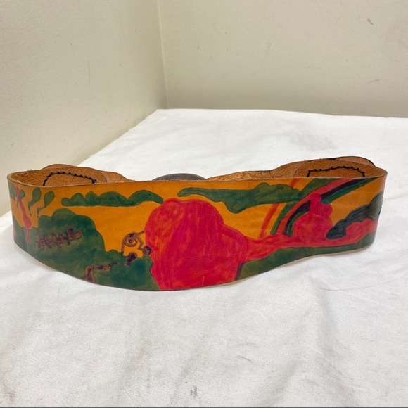 Vintage handmade hand painted wide leather belt 38” - Picture 3 of 16